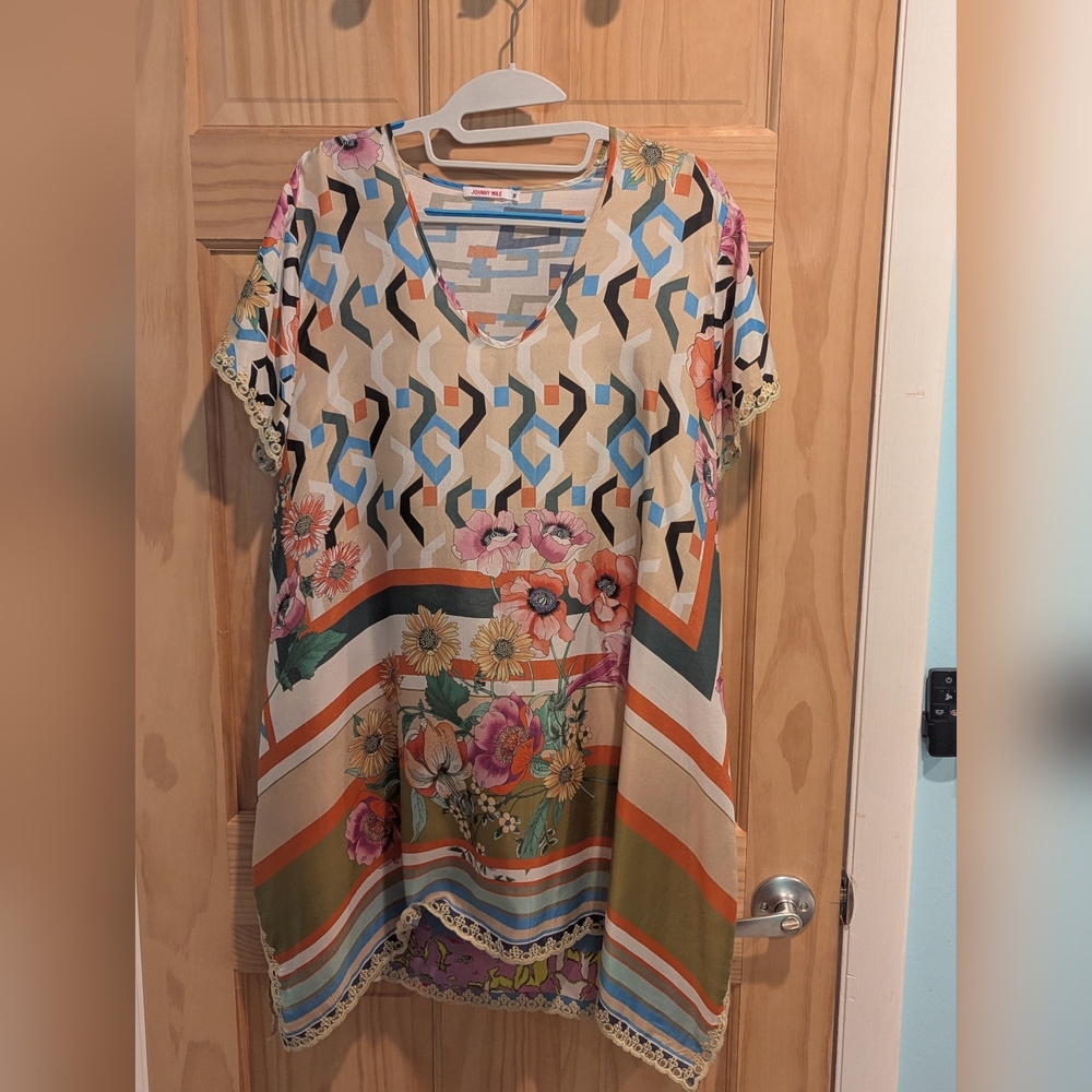 Johnny Was Long Silk Graphic Tunic Size M